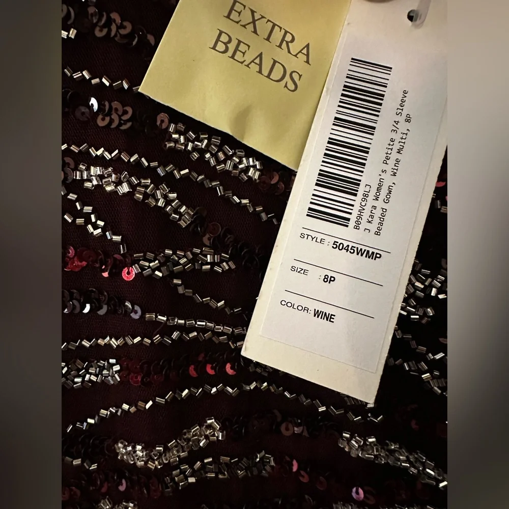 J Kara Womens Petite Beaded Gown Wine Multi 3/4 Sleeve Formal Dress 8P 5045WMP - Picture 4 of 5